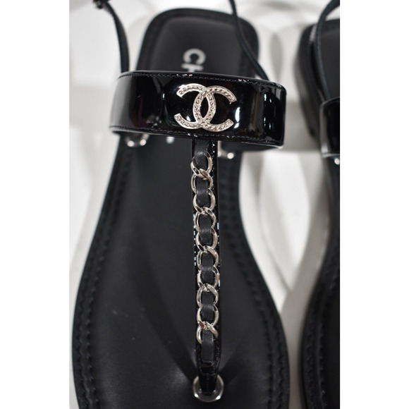 Chanel 22C Black Patent Silver Chain CC Logo Mule Slide Flat Thong Sandal 35 - Picture 7 of 12